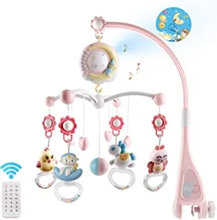 Baby Musical Crib Mobile with Timing Function Projector and Lights, Hanging Rotating Rattles and Remote Control Music Box with 150 Melodies, Toy for Newborn 0-24 Months (Pink)
