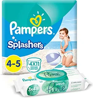 Pampers Splashers, Size 4-5, 44 Diapers Pants + 144 Aqua Pure Water Baby Wet Wipes