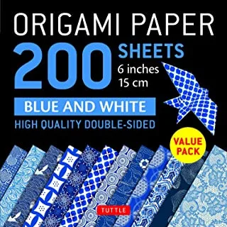 ورق اوريغامي 200 ورقة أنماط زرقاء وبيضاء 6 بوصات (15 سم): أوراق اوريغامي مزدوجة الجوانب مطبوعة بـ 12 تصميمًا مختلفًا (تتضمن تعليمات لـ 6 مشاريع)
