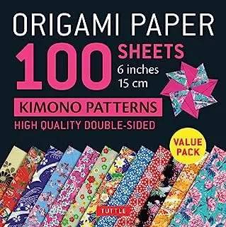 ورق اوريغامي 100 ورقة أنماط كيمونو 6 بوصات (15 سم): صفائح اوريغامي على الوجهين مطبوعة بـ 12 نمطًا مختلفًا (تعليمات لـ 6 مشاريع متضمنة)