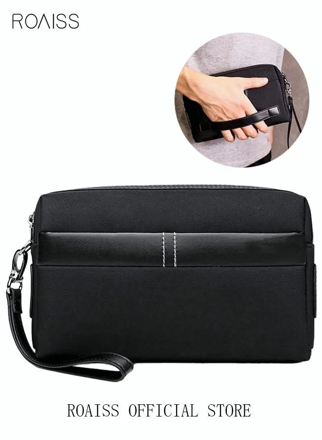 roaiss Casual Classic Clutch Bag Portable Large Capacity Lightweight Wallet Business Waterproof Oxford Canvas Zipper Card Holder with Wrist Strap for Men Travel Black