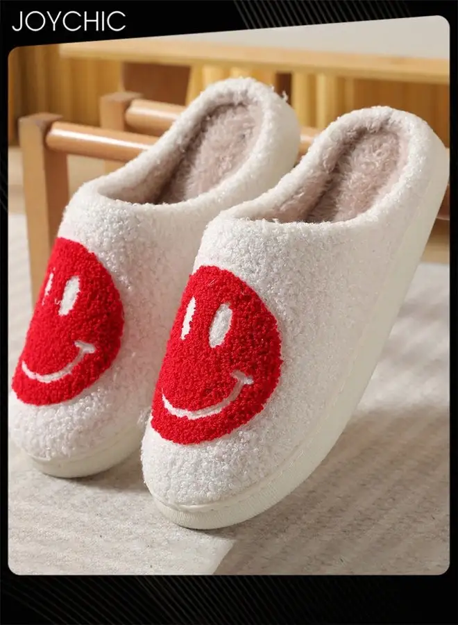 Joychic Autumn and Winter Warm Windproof Smiley Face Designed Bedroom Slippers White/Red for Women/Men