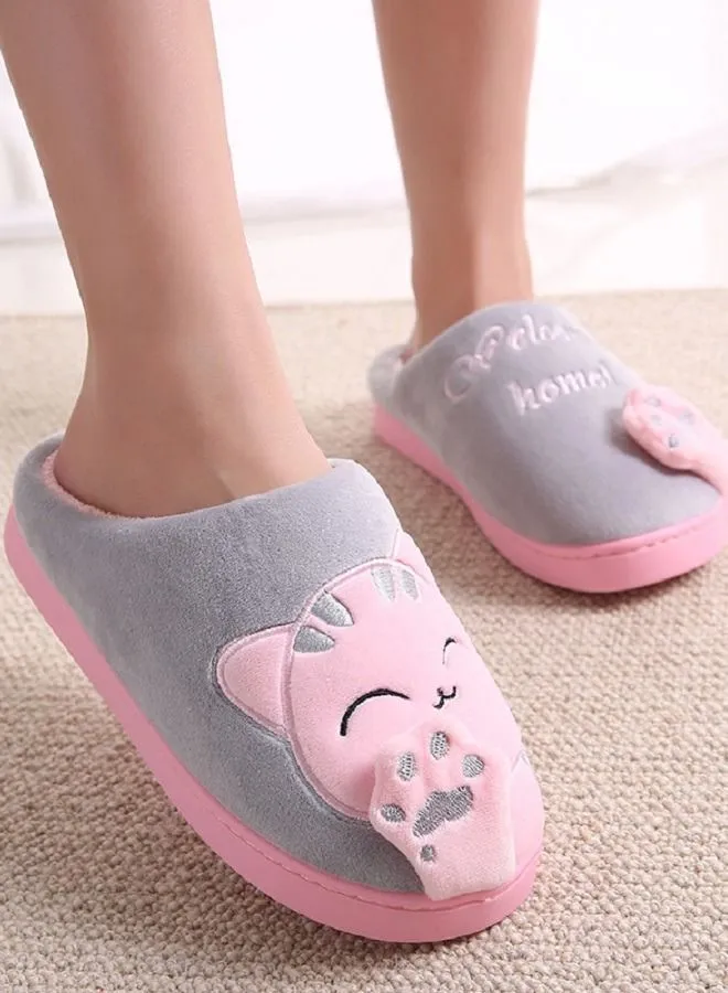 Joychic Lovely Cat Design Autumn and Winter Warm Windproof Anti-Slip Home Slide Pink/Grey for Women