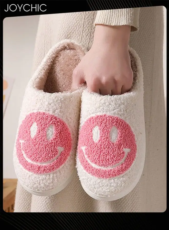 Joychic Autumn Winter Warm Smiley Face Designed Bedroom Slippers White/Pink for Women