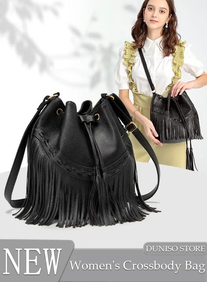 DUNISO Leather Bucket Bags for Women Crossbody Purses with Drawstring Ladies Tassel Hobo and Shoulder Handbags