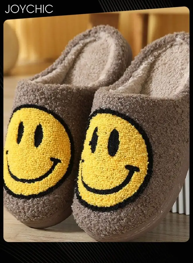 Joychic Autumn Winter Warm Smiley Face Designed Bedroom Slippers Coffee for Women/ Men