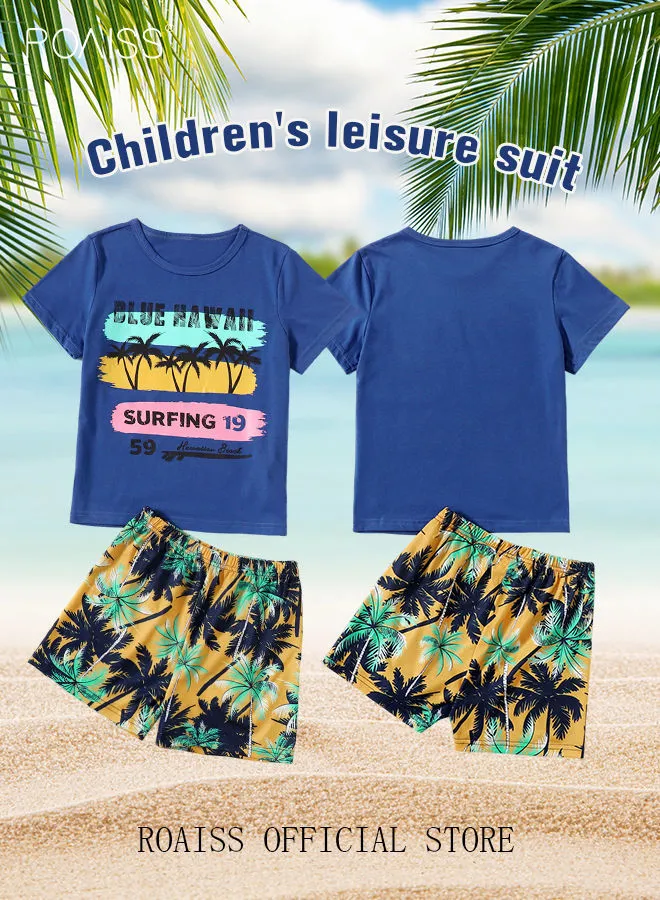 roaiss Boy's Graphic Printing Tee and Beach Shorts Kids Two Piece Outfits Clothing for Summer Toddlers Casual Sports Cotton Blend Short Sleeve Suit Multicolor