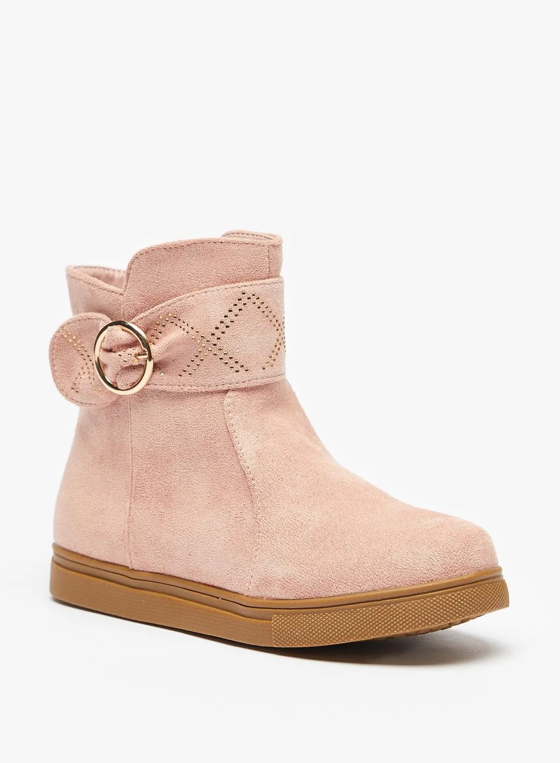 shoexpress Embellished Slip On High Top Boots with Zip Closure and Buckle Accent Pink