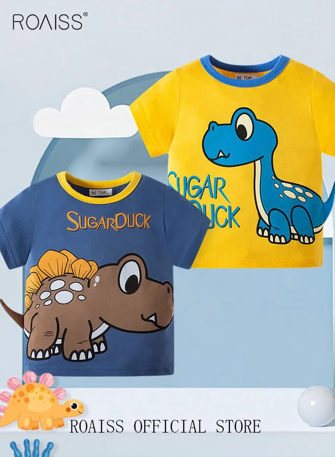 roaiss Pack of 2 Boy's Short Sleeve T-Shirts Multipacks Tops Tees Shirts Kids Toddlers Pure Cotton Clothing Cartoon 3D Dinosaur Graphic Cotton Casual T-Shirts Sets Daily Outfit Blue Yellow