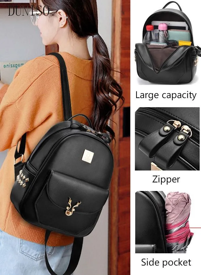 DUNISO Fashionable Travel Backpack For Women Faux Leather School Backpack Anti Theft Double Shoulder Backpack For College Girls Students Black