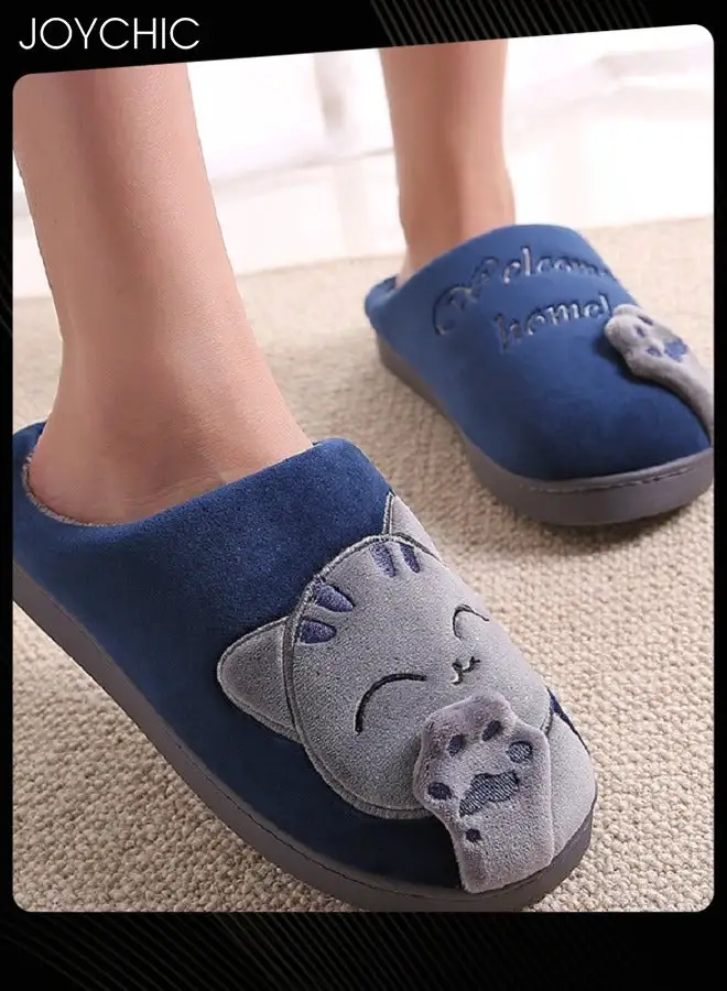 Joychic Lovely Cat Design Winter Warm Windproof Anti-Slip Home Slide Outdoor Slipper Navy Blue/Grey for Women Men