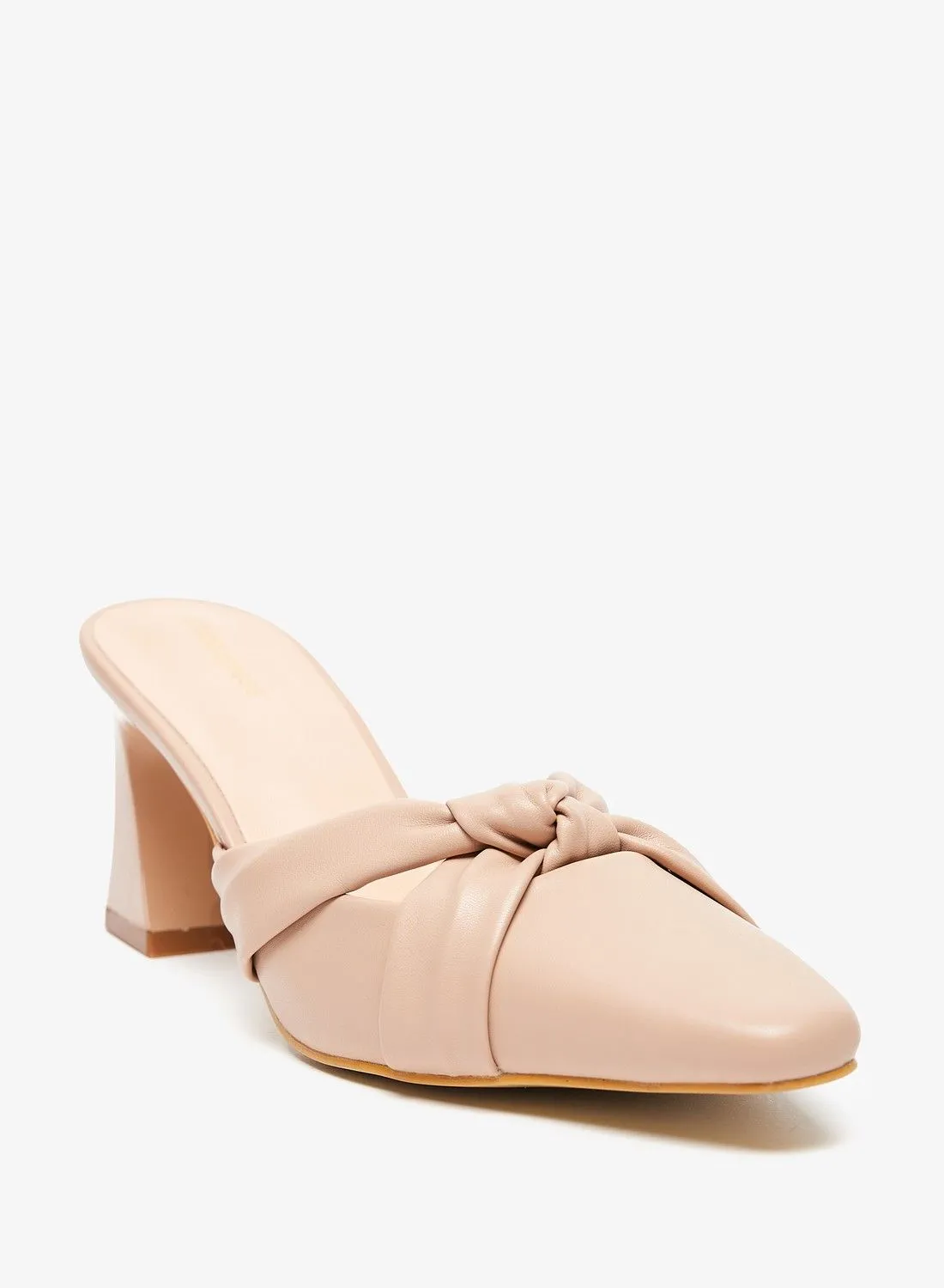 shoexpress Knot Detail Square Toe Slip On Shoes with Block Heels Beige