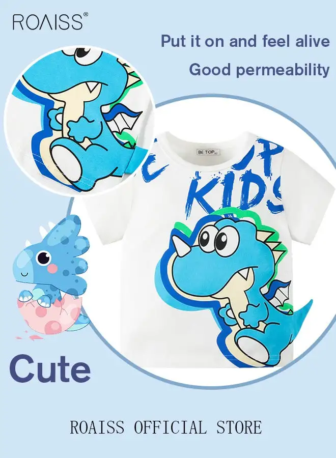 roaiss Boys' Short Sleeve T-Shirts Tops Tees Shirts Kids Toddlers Pure Cotton Clothing Cartoon 3D Dinosaur Graphic Cotton Casual T-Shirts Sets Daily Outfit White