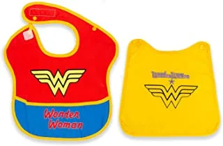 WarnerBros Warner Bros. Wonderwoman Baby Bibs with Capes Super Soft, Easily Washable, 100% Waterproof, Adjustable 2 Snap and Velcro Closure, Food Catcher. Age: 6 24 months (Official Disney Product)