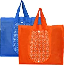 Heart home smiley printed eco friendly foldable reusable non-woven shopping grocery bag with one small pocket- pack of 2 (blue & orange) -45hh0130