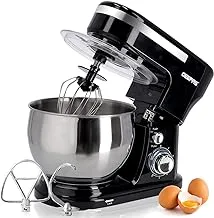 Geepas 5L Food Stand Mixer | 1000W Stainless Steel Mixing Bowl & Splash Guard | 6 Speed With Pulse & Balloon Whisk Flat Beater & Dough Hook | 2 Years Warranty, Black, Gsm43038Uk