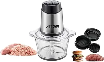 Arrow 2 Litre Glass Bowl Chopper 500W With Stainless Steel Double Blade, With 3-in-1 Stuffed Burger Press Burger Maker, RO-FPW02L1