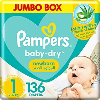 Pampers Aloe Vera, Size 1, Newborn, 2-5kg, Jumbo Pack, 136 Taped Diapers