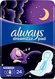Always Dreamzz Pad Clean & Dry Maxi Thick, Night Long Sanitary Pads With Wings, 24 Count