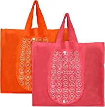 Heart Home Smiley Printed Eco Friendly Foldable Reusable Non-Woven Shopping Grocery Bag With One Small Pocket- Pack of 2 (Orange & Pink) -45HH0148