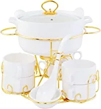 Bone China Shallow Cx1526-White Soup Set With Golden Metal Stand 17 Pieces, White
