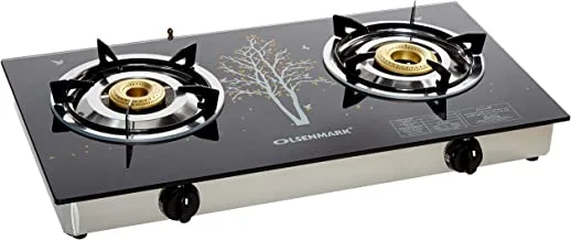 Olsenmark Tempered Glass Double Burner Gas Stove - Auto Ignition - Stainless-Steel Drip Pan - Glass Top