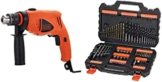 Black+Decker 550W 13mm Electric Hammer PercUSsion Drill With Depth Stop Gauge + Black & Decker 109 Pieces Mixed Accessories Set, A7200-Xj