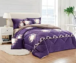 Warm And Fluffy Winter Velvet Fur Comforter Set, Single Size (160 X 210 Cm) 4 Pcs Soft Bedding Set, Modern Floral And Geometrical Stitched Pattern, Hh, Purple