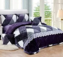 Soft Cozy Velvet Sherpa Fleece Winter Comforter Set, Warm 4 Pcs Bedding Set, Single Size (160 X 210 Cm), Modern Geometric And Vibrant Color Design, Jqfk, Darkpurple