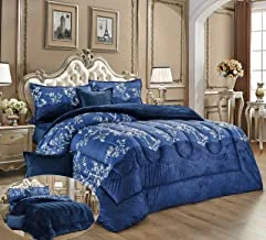 Warm And Fluffy Winter Velvet Fur Reversible Comforter Set, King Size (220 X 240 Cm) 6 Pcs Soft Bedding Set, Over Sized Rose Floral Design, Jsnh-1, Blue