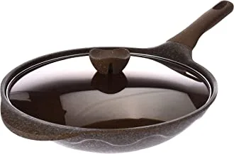 Al Saif Non-Stick Aluminum Wok With Glass Lid Size: 32Cm, Color: Coffee Granite