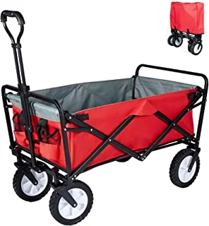 COOLBABY Heavy Duty Collapsible Folding Wagon Utility Outdoor Camping Garden Cart with Universal Wheels & Adjustable Handle, red and grey