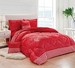 Warm And Fluffy Winter Velvet Fur Reversible Comforter Set, Single Size (160 X 210 Cm) 4 Pcs Soft Bedding Set, Diamond Stitched Floral Pattern, Lhmr, Red