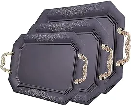 Al Saif 3 Pieces Iron Serving Tray Size: Small/Medium/Large, Color: Black/Gold, K396142/3Bkg