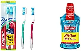 1 Colgate Triple Action Medium Toothbrush, Multicolour - 2Pk + 1 Colgate Plax Peppermint Mint Mouthwash 500Ml + 250Ml Free