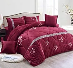 Soft, Warm And Fluffy Winter Velvet Fur Comforter Set, King Size (240 X 260 Cm) 6 Pcs Cozy Bedding Set, Horizontal Greek Key Pattern, Floral Printed, Dtx, Red