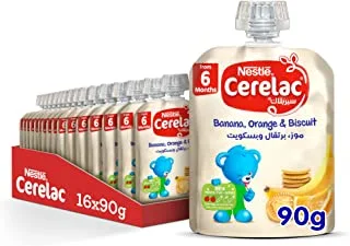 Nestle Cerelac Fruits Puree Banana Orange and Biscuit, Baby Food, Pouch 90g (16 Pouches)
