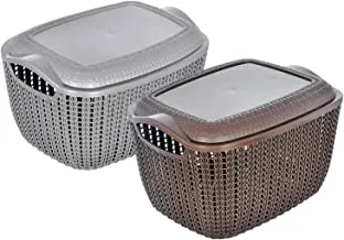 Kuber Industries Multiuses Small M 25 Plastic Basket/Organizer With Lid- Pack of 2 (Grey & Brown) -46KM045