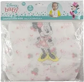 Disney Minnie Mouse Disposable Baby Bibs Super Soft, Eco Friendly, Food Catcher and Leak proof, Sticky Snap Closure Bib for Baby Girls. Pack of 8. Age: 6 24 months (Official Disney Product)