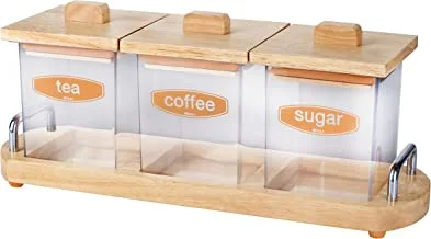 BILLI COFFEE, TEA & SUGAR CANISTER SET WITH WOODEN LID & STAND
