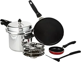 5-In-1 Pressure Cooker Combo Pack,5L Aluminium Cooker,Rf10015 - Premium Quality Material, Pack With Dosa Tawa, Idly Stand, Vagaria & Nylon Slotted Turner Uniform Heating, Time &Energy Saving