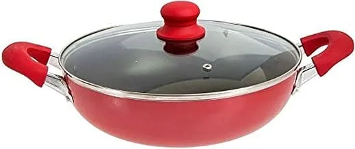 Sweet Home Kitchen Aluminum Non Stick Wok Pan Induction Kitchen Cooking Pot 28 cm Accessories Deep pan with Glass Lid 28cm Compatible Aluminium Flat Base Pan (Red)