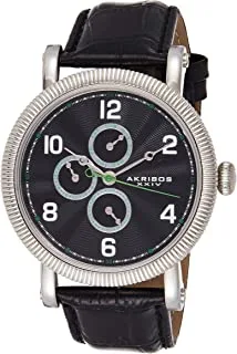 Akribos XXIV Men Black Multifunction Subdial Watch - Silver Stainless Steel Coin Edge Bezel - Sunburst Guilloche Dial - LuminoUS Markers - Embossed Alligator Pattern Leather Strap - Ak599