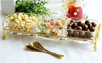 Cuisine Art 3pcs Bowls Serving Set with Stand, 3 Glass Bowls 260ML 3 Stainless steel Spoons, Gold/Clear, BT-506315