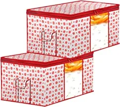 Kuber industries dot printed multiuses non woven underbed/storage bag/organizer with transparent window & handle pack of 2 (pink)-46km0591