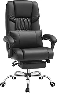 SONGMICS كرسي مكتب ، كرسي PU دوار 360 درجة مع مسند قدم قابل للسحب ، مسند ظهر قابل للتعديل ، أسود OBG71B