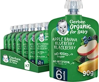 Gerber Organic Puree, Apple, Banana, Blueberry & Blackberry, From 6 Months, Baby Food, Pouch, 90g (6 Pouches)