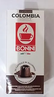 Bonini Colombia coffee capsules from Italy, Nespresso compatible machine, 1 Box of 10 aluminium capsules (55 grams) 8051732625308, Dark Brown