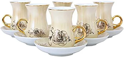 Shallow Bone China Cup And Saucer Set 12 Pieces - Yd505208-Gf, Beige And Gold