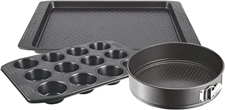 TEFAL Bakeware set | Easy Grip 3-Piece Set 12 Muffins 26.5x39.5cm/ Baking Tray 29.5x41cm/ Springform 25cm | Carbon Steel | Non-Stick Coating | Easy Cleaning | Dark Grey | 2 Years Warranty | J162S385